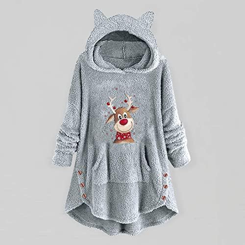 Narhbrg Fleece Holdies Cuteенски слатки ирваси печати топла маичка со долги ракави пулвер мачка уво преголема блуза со џеб