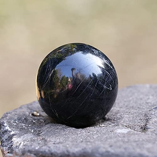 Заикус 50-60 мм црна турмалинска сфера топка со метална стојачка топка за камења за вештерки и декоративни топки скулптура фигура