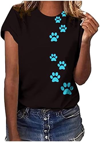 Women'sенски врвови мода симпатична мачка печатена графичка тркалезна врата маички лето тинејџерски девојки случајни лабави фит