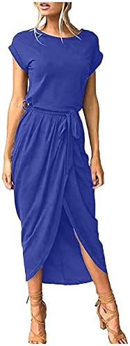 Fragarn лето плус фустани со големина, женска летна цврста боја на половината со кратки ракави, тенок неправилен фустан
