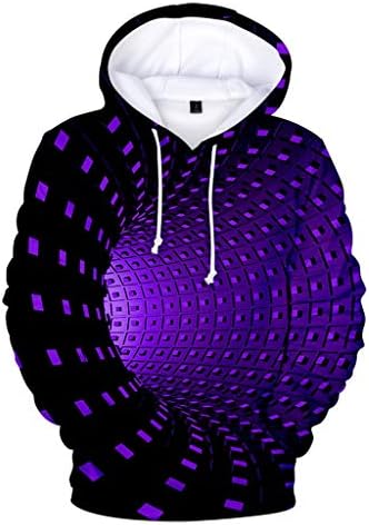 Дуксери за унисекс мажи жени 3Д вител Вертиго печатење со качулка, креативна тркалезна врата долга кошула блуза S-4XL
