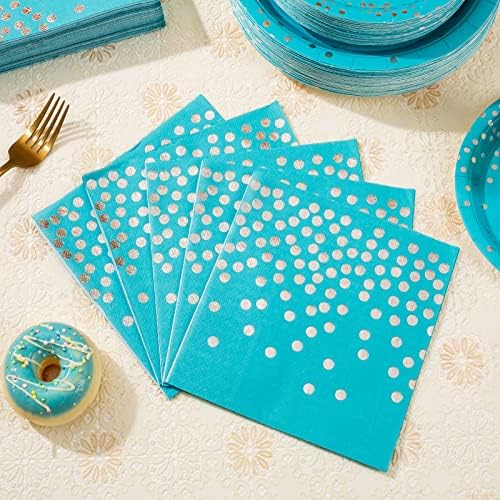 200 парчиња сини плочи и салфетки за роденденска забава сини хартиени плочи за еднократна употреба сина забава со сина и сребрена забава за