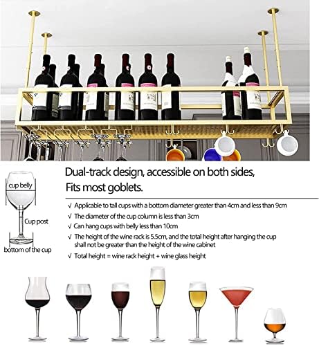 Висење вино стаклена решетка таванот за вино, метална полица за вино со држач за шише со шише со стаклена држач, виси држач за вино со отворено,