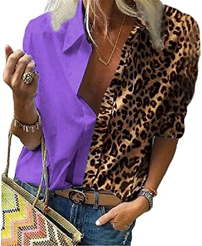 Андонгнивел Женски Долги Ракави Блуза Секси В Вратот Обичен Леопард Печатење Лабава Обвивка Кошула Блузи Блузи