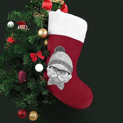 Симпатична мачка лице Божиќни чорапи порибување на Божиќни дрвја Санта украси што висат украси за одмори од камин 16,5 “
