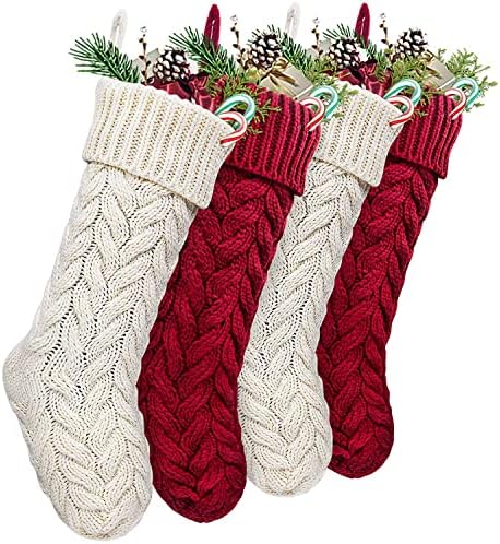 Божиќни чорапи на Лимбриџ, 4 пакувања 18 инчи со голема големина кабел плетени XMAS чорапи, рустикални персонализирани декорации за