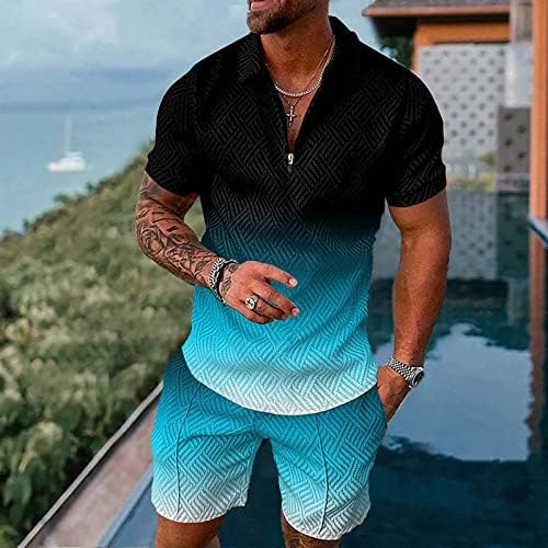 Менс летни патеки поставува лабава фит патент 2 парчиња Поло облеки за мажи во боја блок четвртина поштенски кошули за голф костуми костуми