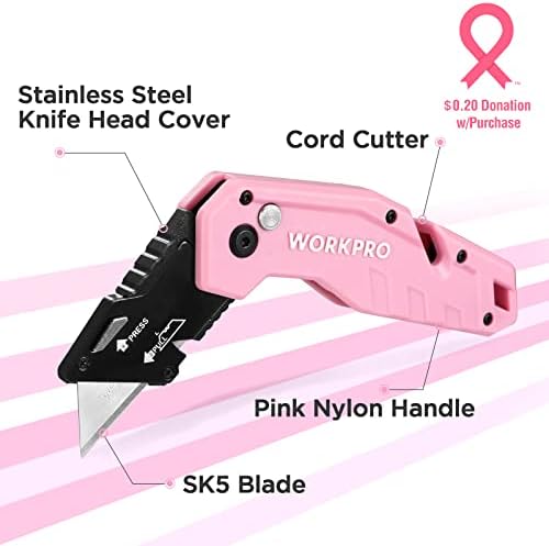 Работен магнетски шрафцигер сет и розов нож за алатка за преклопување со 10 дополнителни лопати - розова лента