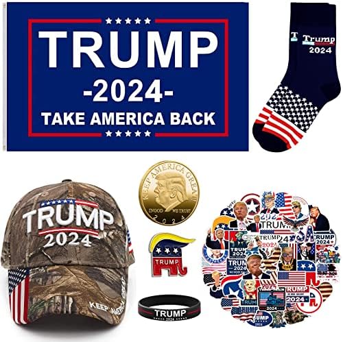 Бризер Трамп Подароци Сет | 2024 Работи Доналд за Мажи &засилувач; Жените Вклучувајќи Знаме Шапка Налепници Чорапи Нараквица