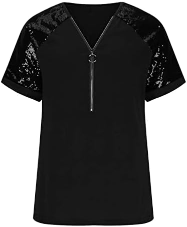 Плус големина Sequin Tee за жени 2023 летен краток ракав против вратот на вратот Обични врвови лабави фит патент Туника кошули блуза
