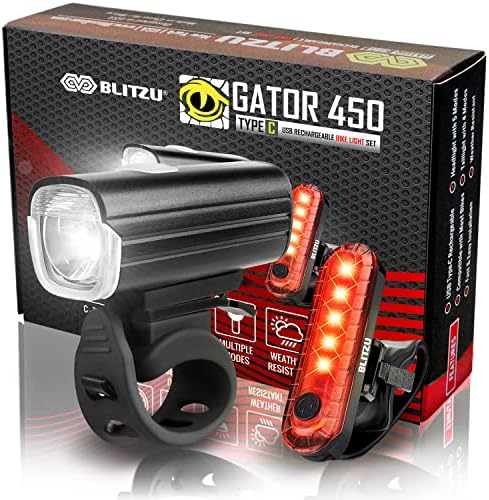 Blitzu Gator 450 Lumens Bike Lights Предниот и задниот сет, предната светлина на предните светла и опашката, USB -ламбата за велосипеди