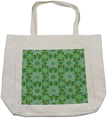Амбесон зелена мандала торба за купување, монохроматска уметничка илустрација во зелени нијанси цветна шема креативно печатење, еколошка торба