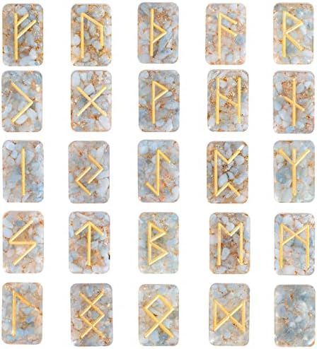 Mookaitedecor сет од 25 перидот кристални руни камења, врежан златен старешина Фухарк Азбука симбол вештерки руни за лекување на медитација