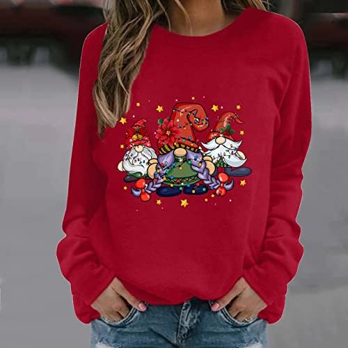 Женски смешни симпатични Божиќни кошули предводени светлосни жици Гноми графички маички гроздобер лабава цврста боја на екипажот во боја