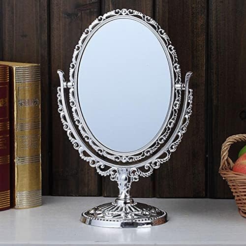 Amayyahzj Vanity Mirror Silver Free Standing Cosmetic Mirror, ретро шминка за убавина огледало со двојно еднострано огледало, преносно овално