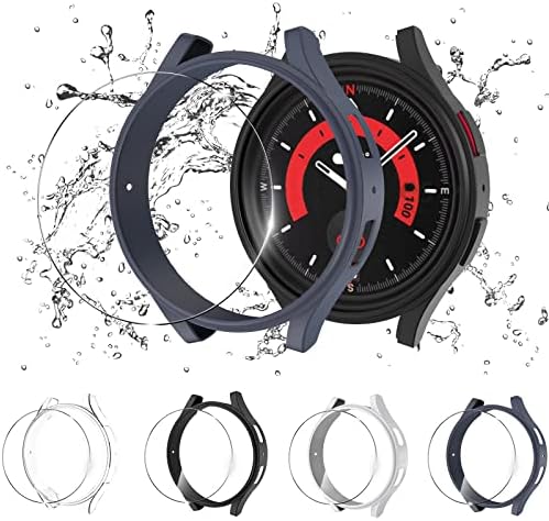 [4+4pack] ymhml за Samsung Galaxy Watch 5 Pro Ectar Protector и Case 45mm, Tempered Glass Protective Film & Hard PC Bumper Face Cover for Galaxy Watch 5 Pro додатоци, црна/чиста/сребрена/сина боја