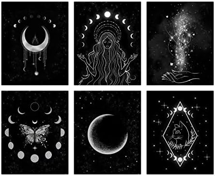 Постер за artидна уметност во Месечината на Месечината, сет од 6 отпечатоци од сребрена месечина и starsвезди, сликарство на вештерки на месечина,