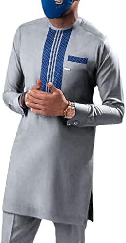 Африканска облека за мажи облека Дашики обична кошула со долг ракав и пантолона традиционална тренерска генеричка сет 2 парчиња