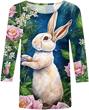 Велигденска кошула за зајаче за жени лето 3/4 маички со ракави Обични врвови мода лабава цветна печатена туника женска кошула