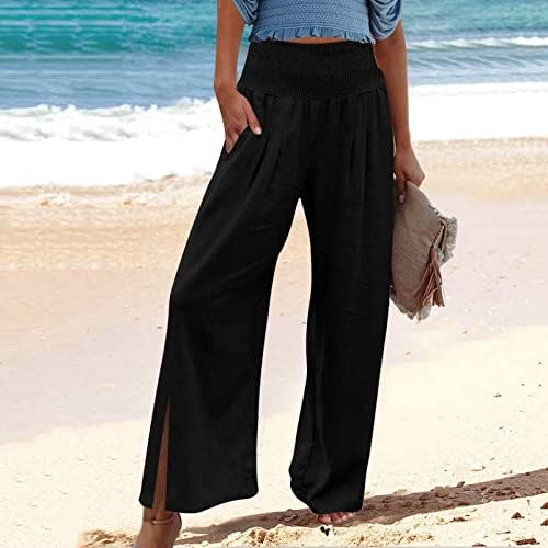 Панталони за жени, класичен памучен постелнина летни панталони панталони со џебови