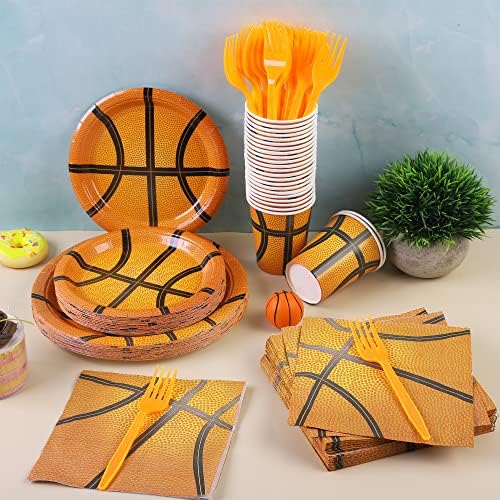 Дурони 144 парчиња кошаркарски хартиени плочи и салфетки за вечера во кошарка роденденски садови за прибор