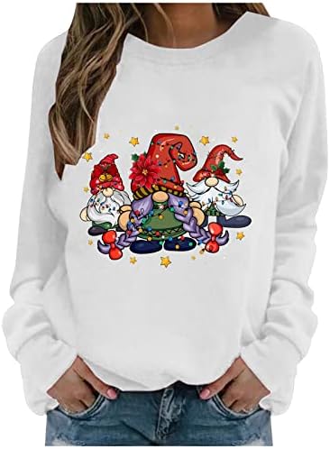 Женски смешни симпатични Божиќни кошули предводени светлосни жици Гноми графички маички гроздобер лабава цврста боја на екипажот во