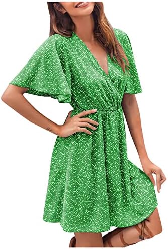 Fragarn лето плус фустани со големина, женски лето 2022 Ruffle краток ракав против вратот печати линија мини фустан