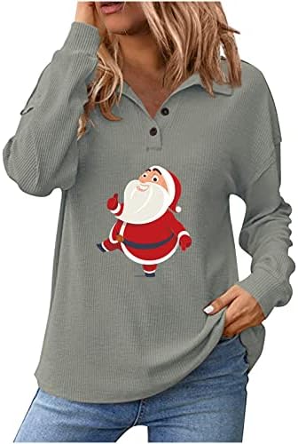 Смешно џемпери на женски Дедо Мраз, палки за џемпери, пад на маички со долги ракави, врвови, случајно копче надолу со џемпер од качулка, блузи