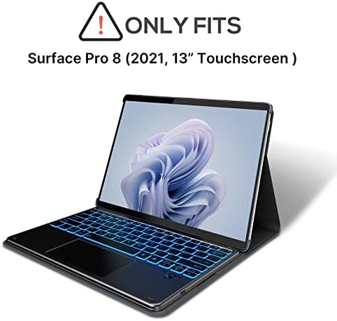 Тастатура за типови за Surface Pro 8-2022, Smart TouchPad, тенка, 7 бои со позадинско осветлување на безжична тастатура, тенок кожен фолио