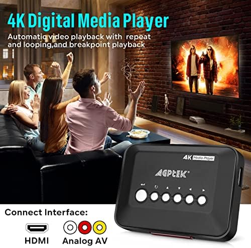 4K@30Hz HDMI TV Media Player со еден AV кабел, HDMI/AV излез, дигитален MP4 плеер за 14TB HDD/512G USB диск/SD картичка/H.265