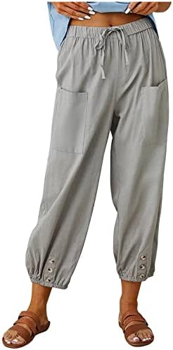 Loveimgs женски памучни постелнини џогер панталони Еластични високи половини за влечење на залепени исечени панталони