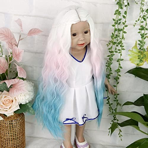 Перика за кукли Музивиг за 18 Американска кукла, долга брановидна кадрава бела розова сина топлина отпор на кукли за перики за 18 '' американски кукли, крши за коса за ?
