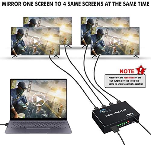 Keliiyo HDMI Splitter 1 во 4 Out v1.4B напојуван HDMI видео сплитер со AC адаптер дупликат/монитор на екранот на огледалото поддржува
