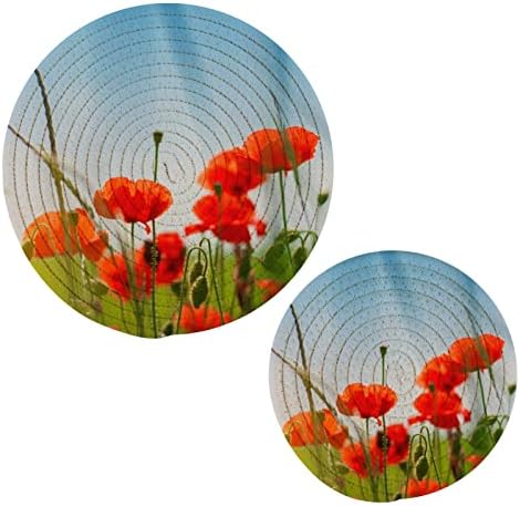 Црвени афионски цвеќиња тристери за жешки садови држачи за тенџере сет од 2 парчиња топли влошки за кујнски памучни тркалезни центри за