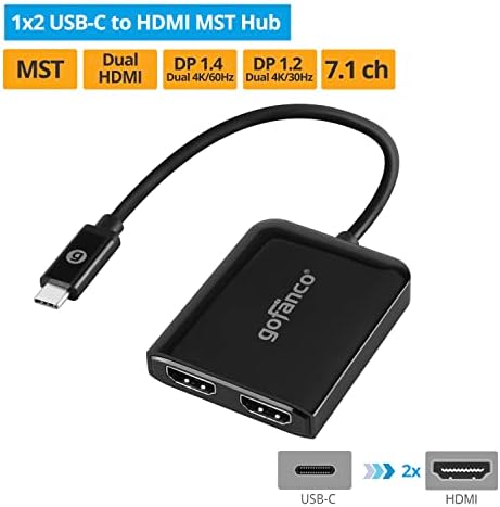 Gofanco USB-C до 2 порта HDMI го прикажува MST Hub-USB-C до двојни HDMI дисплеи, продолжен режим на приказ, 4K @60Hz, Thunderbolt