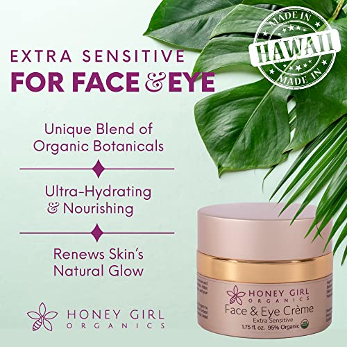 Honey Girl Organics Face & Eye Creme Екстра чувствителен, овластен органски несечен орган на лицето на лицето и под крем за очи