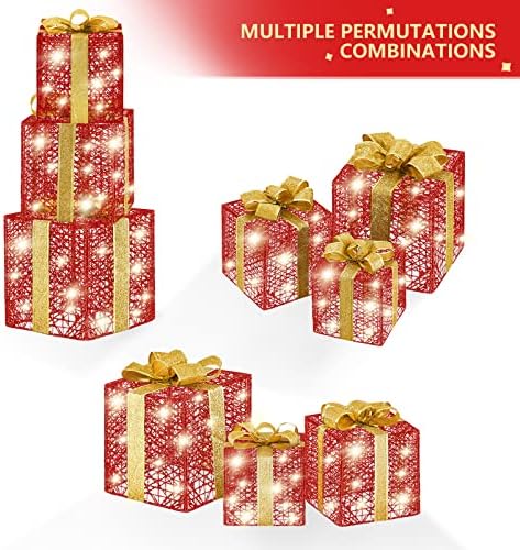 Комплет од 3 осветлени кутии за подароци Божиќна декорација злато и црвена пред-осветлена присутна со панделки и лакови осветли кутија за
