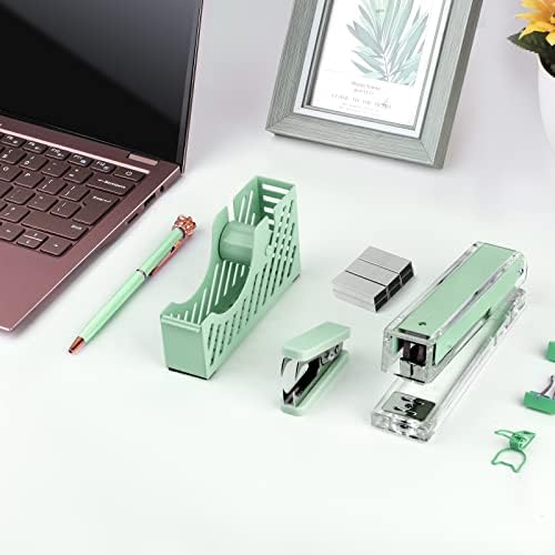 Комплет за додатоци за зелена биро Creechwa, сет на акрилични степлер, канцелариски материјали поставени за жени и студент, со диспензери