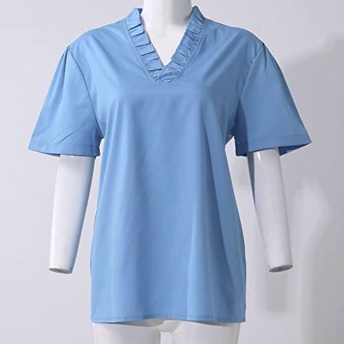Bdporkas Womens 2023 летни каузални врвови Ruffle V вратот маички Краток ракав цврсти лабави вклопни блузи плус големина S-5XL