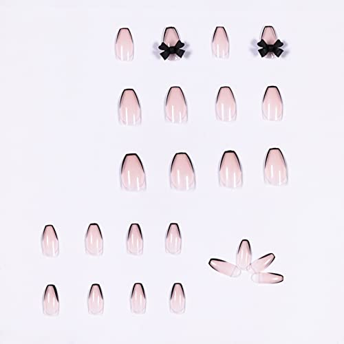 Јосомк ​​3Д Прес на нокти Среден француски црн лак слатки лажни нокти со дизајни Сјајни лажни нокти за жени девојки се лепат