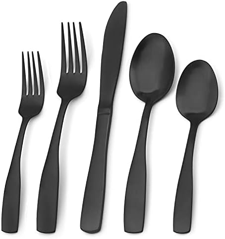 Сет на мат црни сребрени производи, комплет за рамнотежа од не'рѓосувачки челик Bysta 40-парчиња, Сет за кујнски прибор поставени услуги за 8, прибор за прибор за јадење