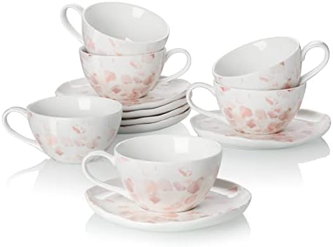 Sweese 250.690 порцелански цветни чаши чај и чинии - сет од 6 дизајн на ливчиња од роза, британски чаши за чај поставени за жени, зелена