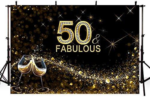 Мехофото сјајно злато и црно 50 и прекрасен фото студио штанд, позадина вино чаша, сјајно возрасно лице среќно 50 -ти роденденска забава за