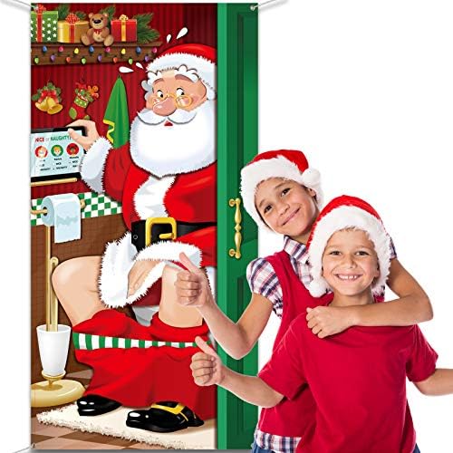 Божиќ Партија Украси, Смешни Божиќ Дедо Мраз Тоалет Вратата Покрие Ткаенина Дедо Тоалет Позадина Позадина Банер За Божиќ Врата Украси