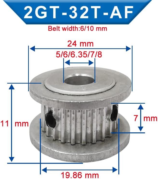 1 pc GT2-32T Dispensing Pulley Inner Bore 5/6/6.35/7/8 mm Wheel Width Aluminium Pulley 7/11 mm Suitable for Timing Belt 6/10 mm for 3D Printers