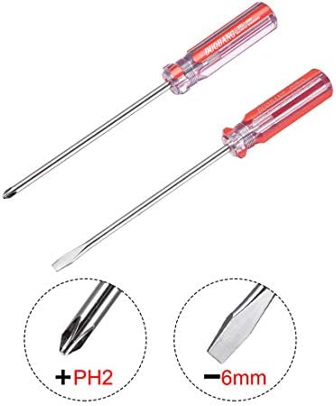 Uxcell PH2 Phillips / 6mm Slotted Magnetic Screwpriver Set од 2 парчиња 6 инчи тркалезно вратило чиста+црвена кристална рачка
