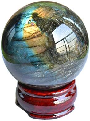 FHNP367 лабрадоритска сфера Природна лабрадоритна топка 2 инчи кристална сфера со дрвен штанд