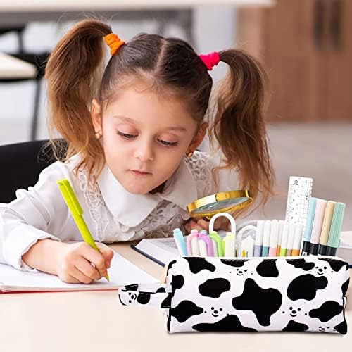 Ruizaua симпатична молив кутија крава печати бела црна точка за молив со молив со патент каваи, молив торба, естетски училишни материјали за