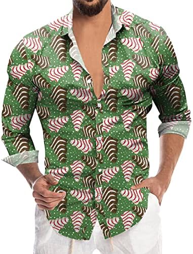 Gdjgta Mens Mase Casual Cannation Christmas Digital 3D Printing Holiday Lapel копче Долг ракав кошула за маичка машка маичка за маж