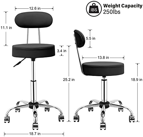 Домашна столче за тркалање со грб со кожна висина за вртење на работна продавница за прилагодување на столбови за масажа со тркала, црна боја,